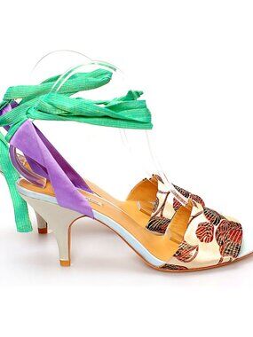 NYC Designer Handmade Silk Jacquard Satin Kitten Heels w. Leather Outsoles NEW